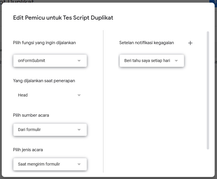 Atur Trigger Google Form Script